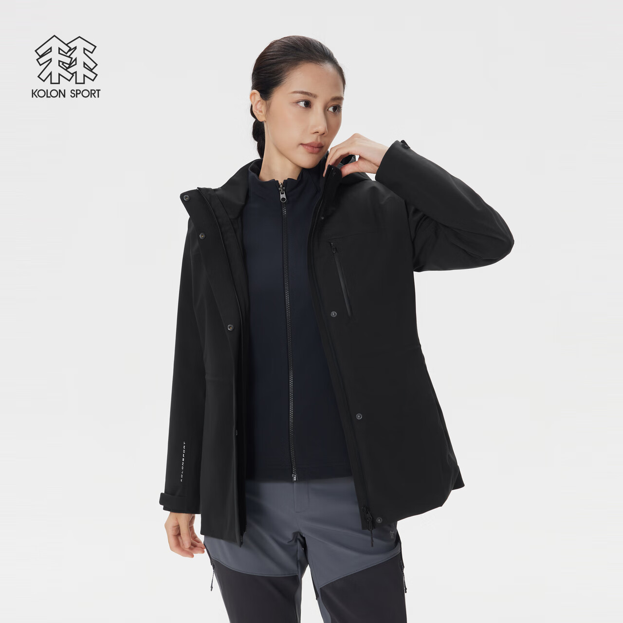 KOLON SPORT/可隆软壳三合一夹克 女子防风透湿户外冲锋衣2级 LKJK5WNT14-BK 黑色 【软壳内胆】 L 170/92A