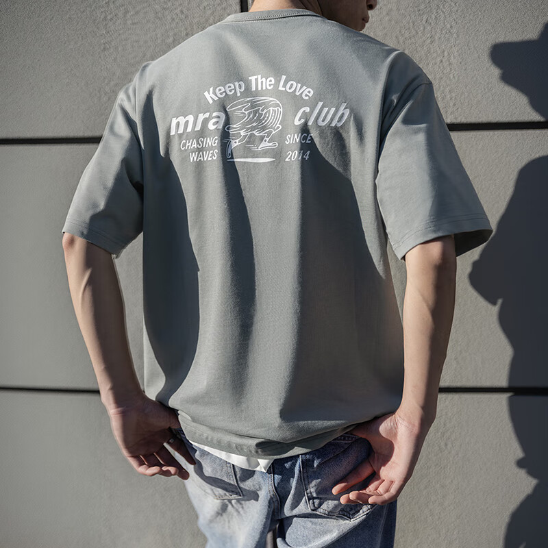 Mr.A美式海浪印花纯棉t恤2025新款宽松半袖纯色复古短袖男夏MRA男装 灰绿色 2XL