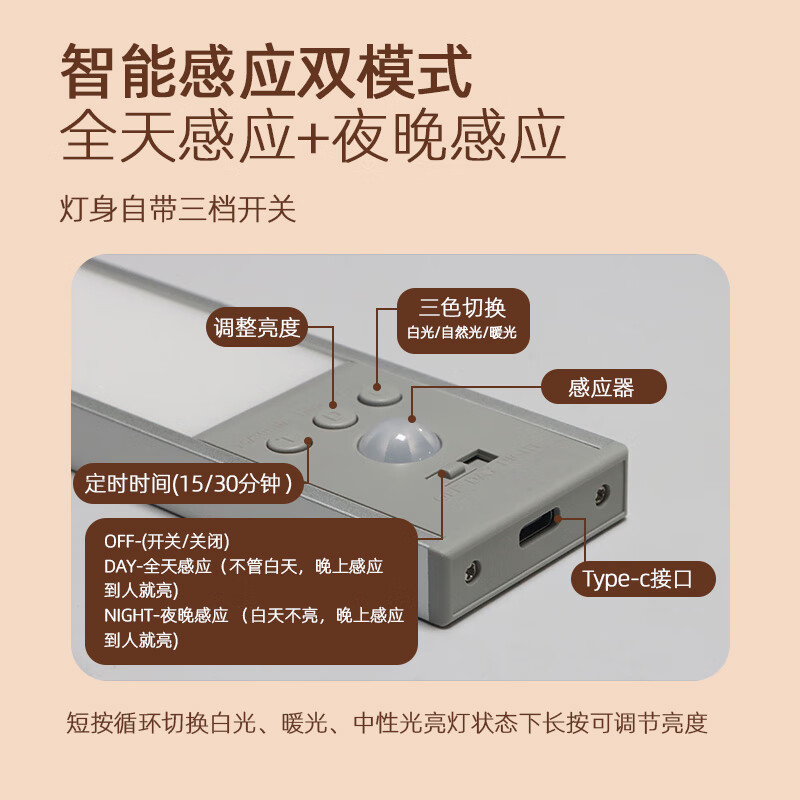 智特 智能人体感应灯家用led衣柜灯无线免线充电厨房橱柜酒柜小夜灯 升级款40厘米【感应+时间+三色】