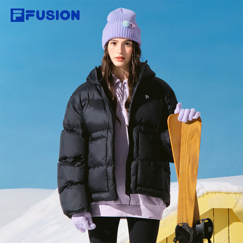 FILA FUSION斐乐潮牌羽绒服女2025冬季新款休闲宽松保暖连帽外套 正黑色-BK S 160/80A/S