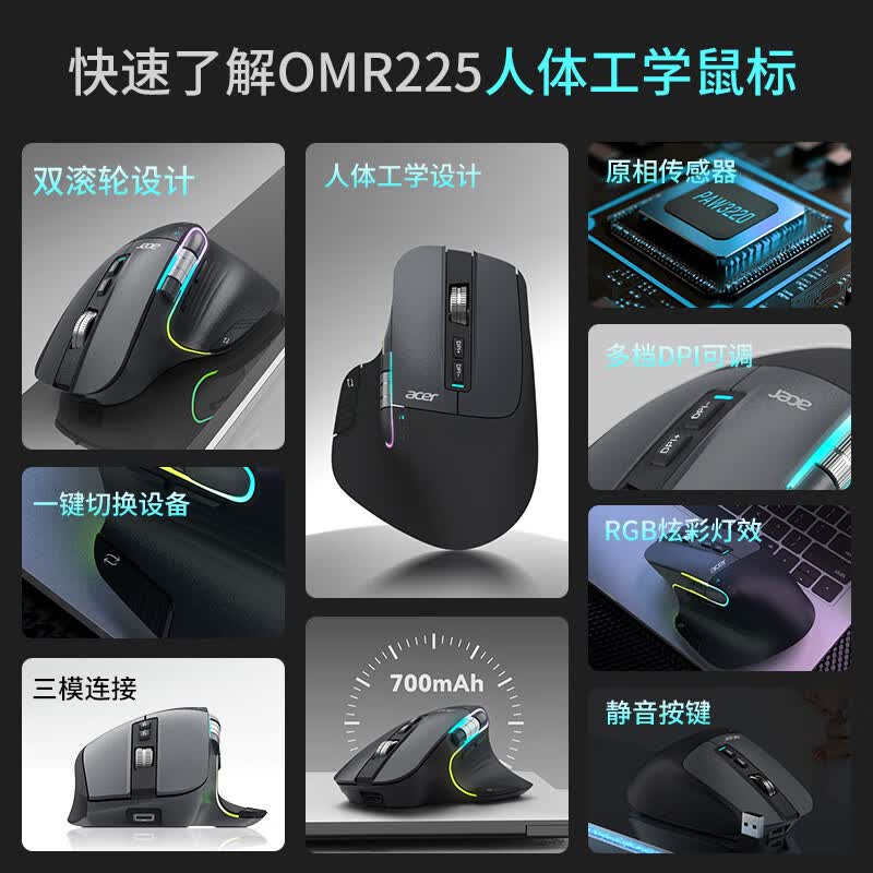 宏碁（acer）人体工学三模鼠标 无线蓝牙双滚轮大手 多设备一键切换办公静音鼠标 可自定义编程按键多档DPI调节 清晰浅蓝【4800DPI】三模