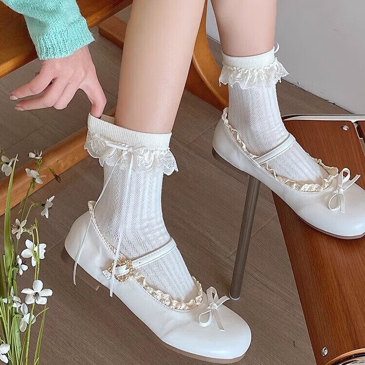 朋意白色袜子女夏季可爱jk袜花边玛丽珍配小皮鞋中筒袜女春秋 三只蝴蝶结【1双】1双 S