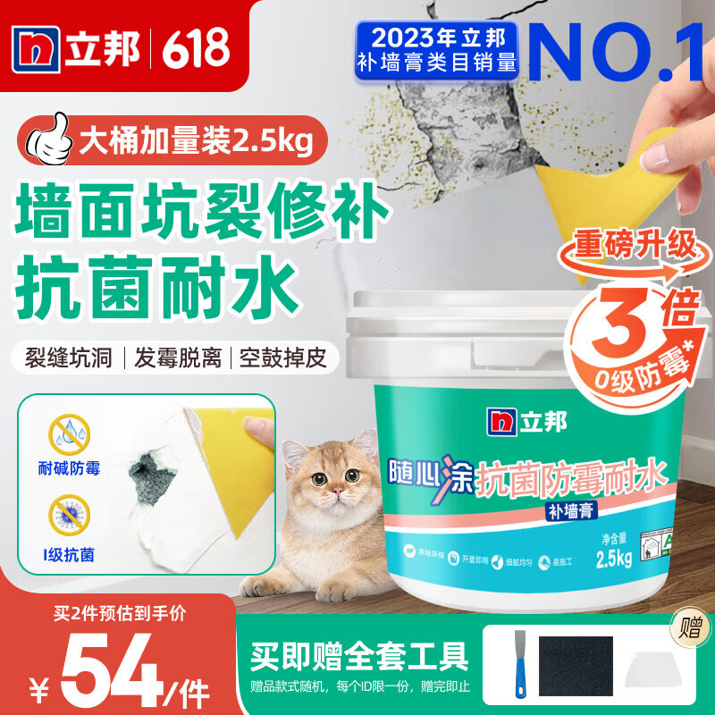 立邦补墙膏 随心涂抗菌防霉耐水墙壁墙面修补膏防潮防霉白色内墙家用 【大桶实惠装】 2.5kg*1件 件