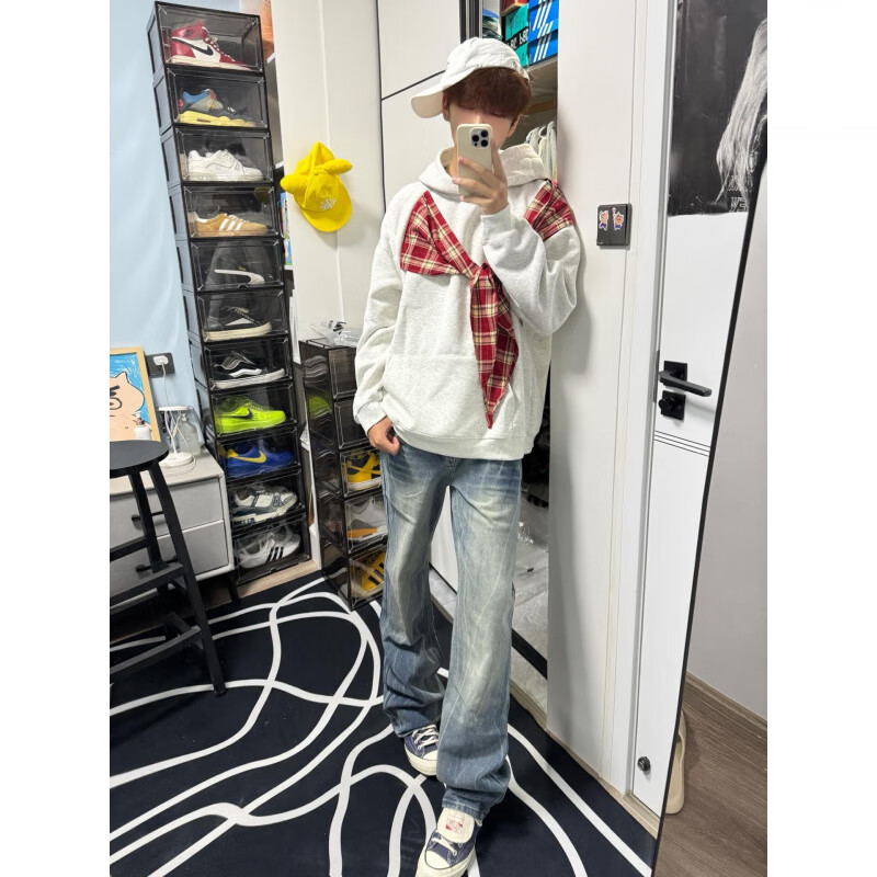 POUM美式休闲蝴蝶结格子披肩连帽卫衣男cleanfit设计感宽松情侣帽衫 XXJR-1049黑色 2XL