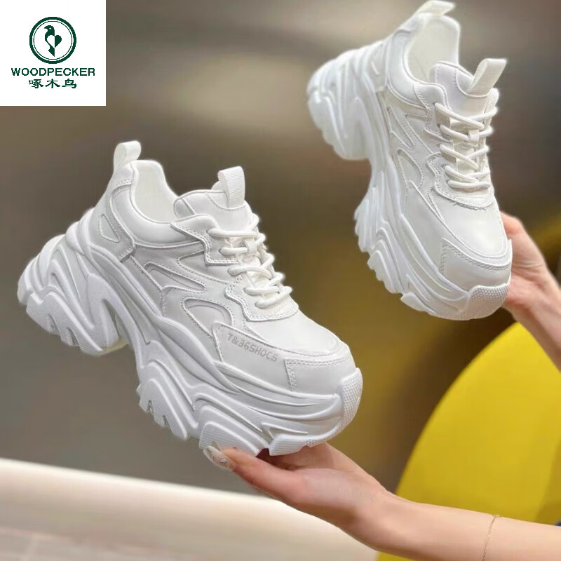 啄木鸟15公分老爹鞋子女网纱单鞋12公分小个子真皮内增高小白鞋10cm凉鞋 白色网纱14厘米 36