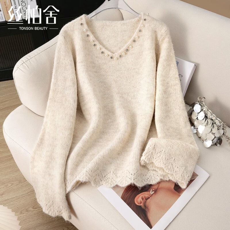 丝柏舍V领长袖针织衫女2025秋装新款时尚宽松简约套头休闲上衣