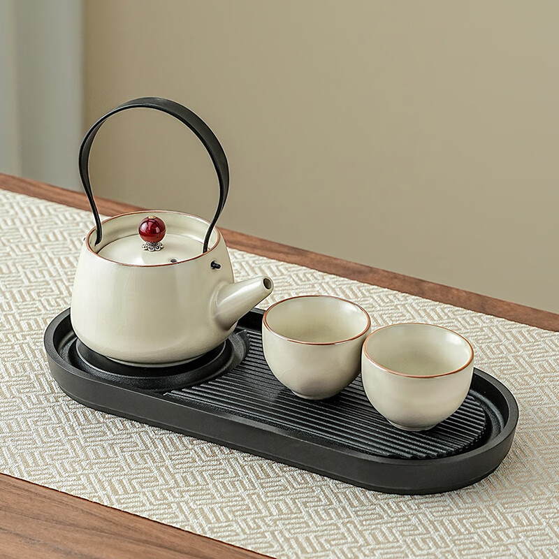 琦軒源汝窯提梁壺功夫茶具家用酒店小型茶壺茶杯冰裂陶瓷泡茶器喝茶套裝 款汝窯行云提梁壺+2杯+時來干泡