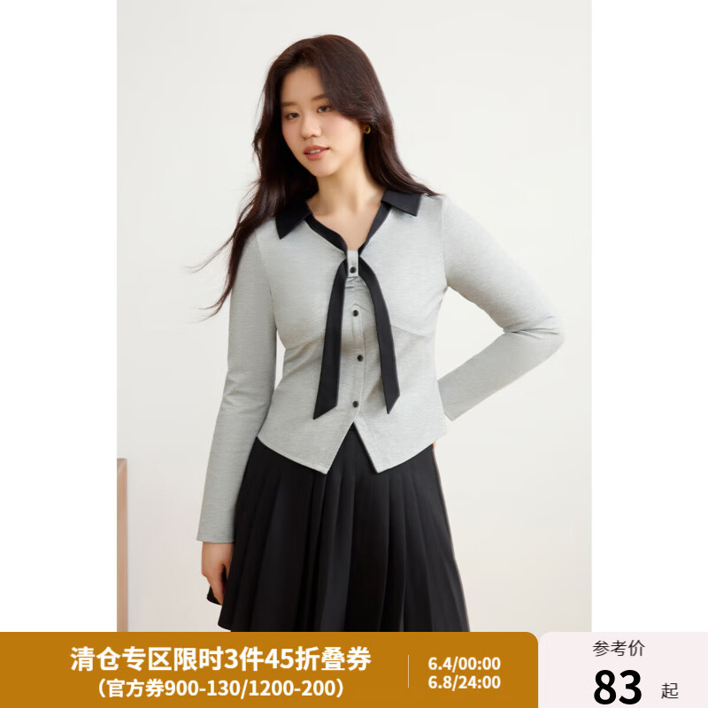 獨(dú)束大碼女裝不規(guī)則設(shè)計(jì)感小眾上衣女2025春裝新款POLO領(lǐng)長袖T恤 花灰色 XL （尺碼：3）