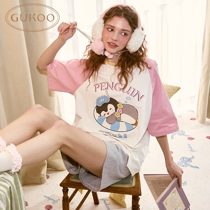 果壳（Gukoo）睡衣女夏季新款小企鹅系列卡通插肩短袖女士家居服套装可外穿B 小企鹅女套装 S