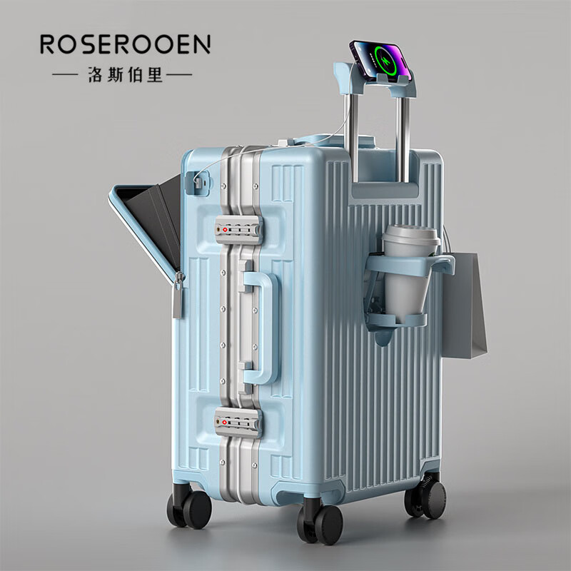 洛斯伯里（Roserooen）前开盖行李箱女新款登机拉杆箱20寸箱子旅行箱24男女26密码箱 蓝色 26英寸