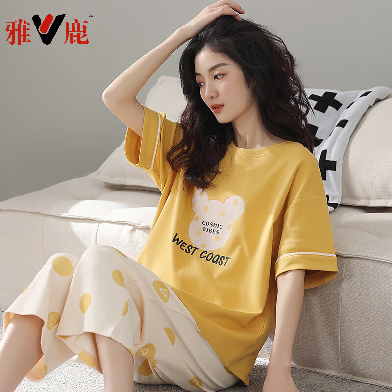 雅鹿短袖睡衣女夏季纯棉2025新款七分裤女款夏款大码家居服套装春秋款 650 XL