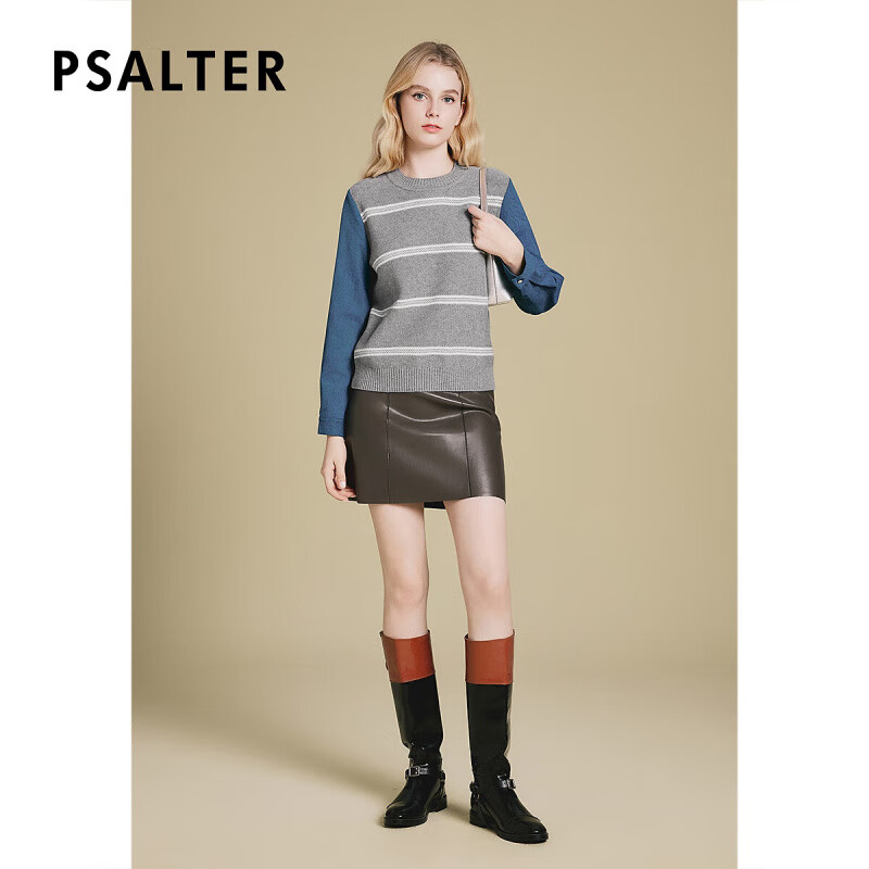 PSALTER诗篇专选2025年春季假两件式时尚减龄撞色拼接针织套头毛衫女 浅灰 XL 42