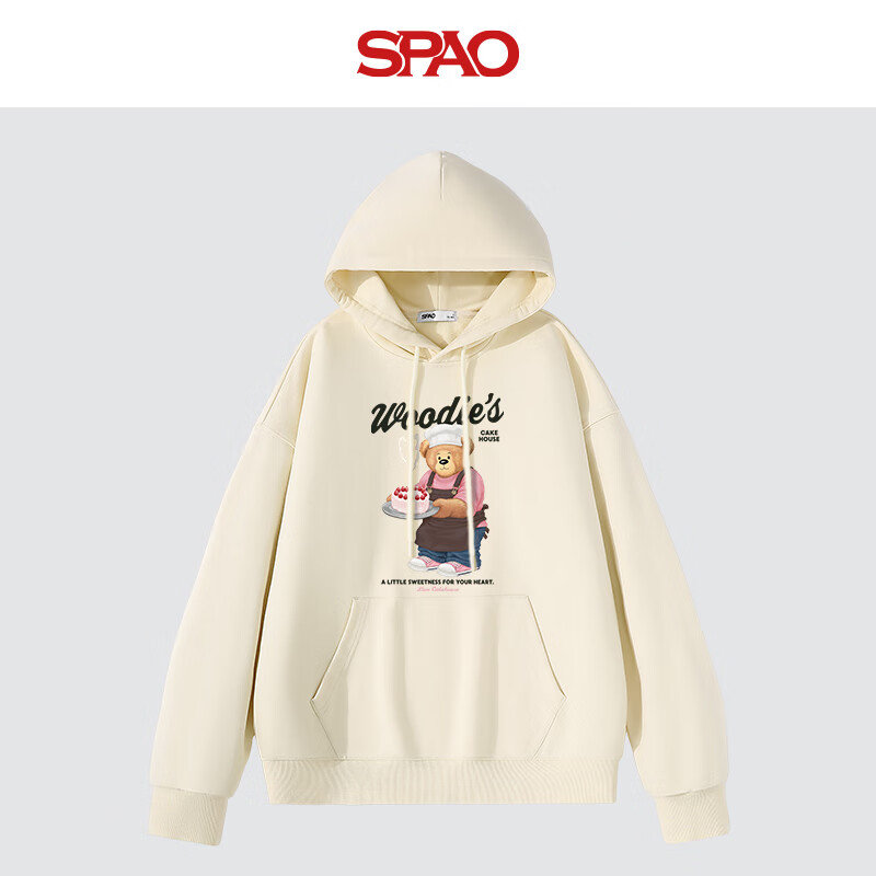 SPAO潮流百搭长袖连帽卫衣男女2025秋季新款舒适休闲上衣SPWY25SL01XY 杏#SP蛋糕小熊黑 S