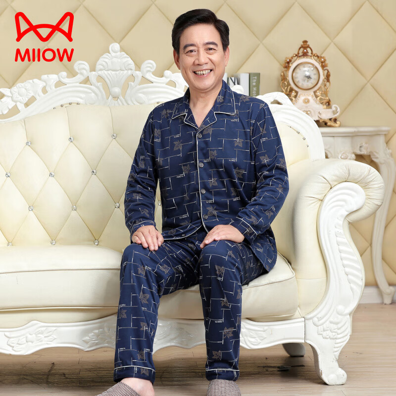 猫人（MiiOW）中老年睡衣男春秋薄款春夏长袖中年男士加大码老人爸爸爷爷家居服 628-30深蓝色 L 建议身高160-170体重95-120斤