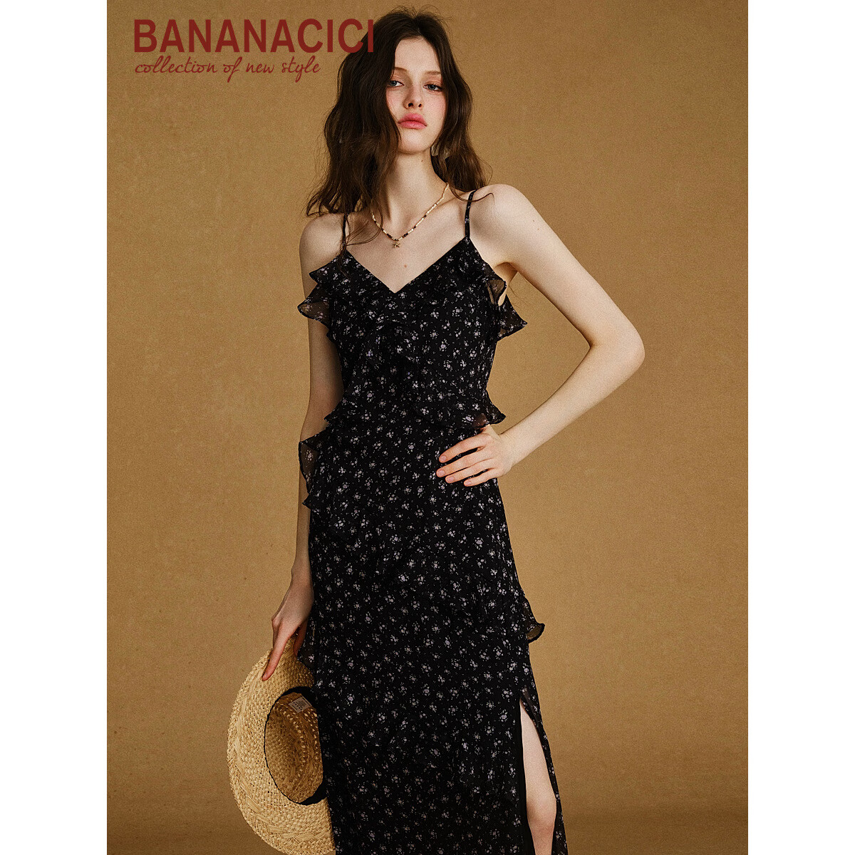 banana cici2025年秋季新款浪漫气质荷叶边雪纺碎花吊带连衣裙C2F3LY008 黑色 L
