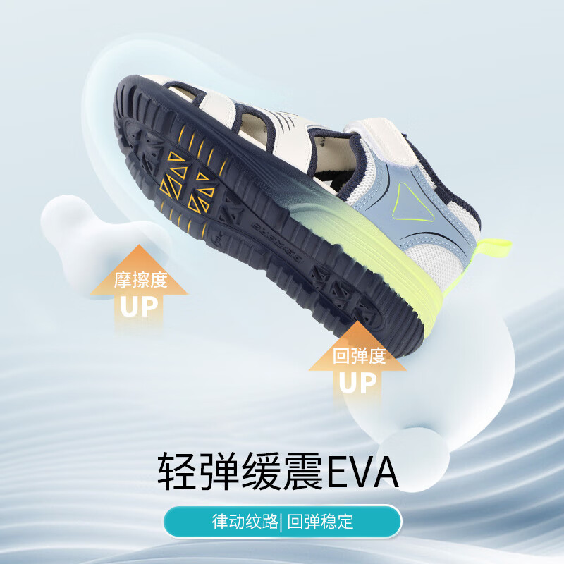 江博士夏季男女童休闲包头凉鞋 潮流透气中大童魔术贴儿童凉鞋 米/蓝 29 脚长约18.0-18.7