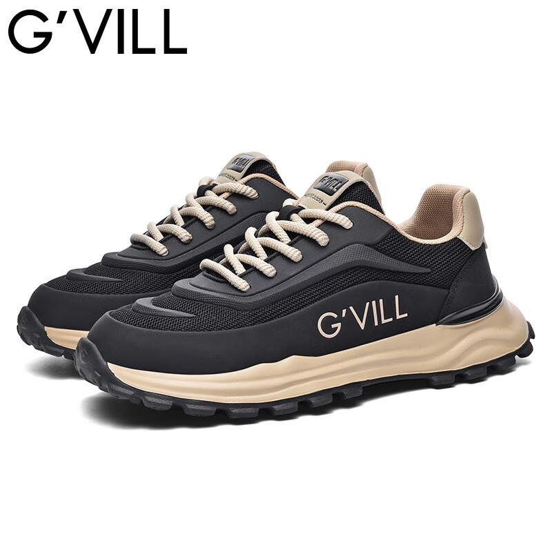 贵之步新款秋冬季舒适软底防滑缓震休闲鞋男款厚底增高运动鞋男鞋 黑杏 G003 42 （运动鞋码）