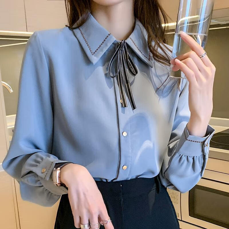 【优选好物】雪纺衬衫女长袖打底衫2024春秋新款蝴蝶结衬衣设计感 杏色 XXS 建议10-20