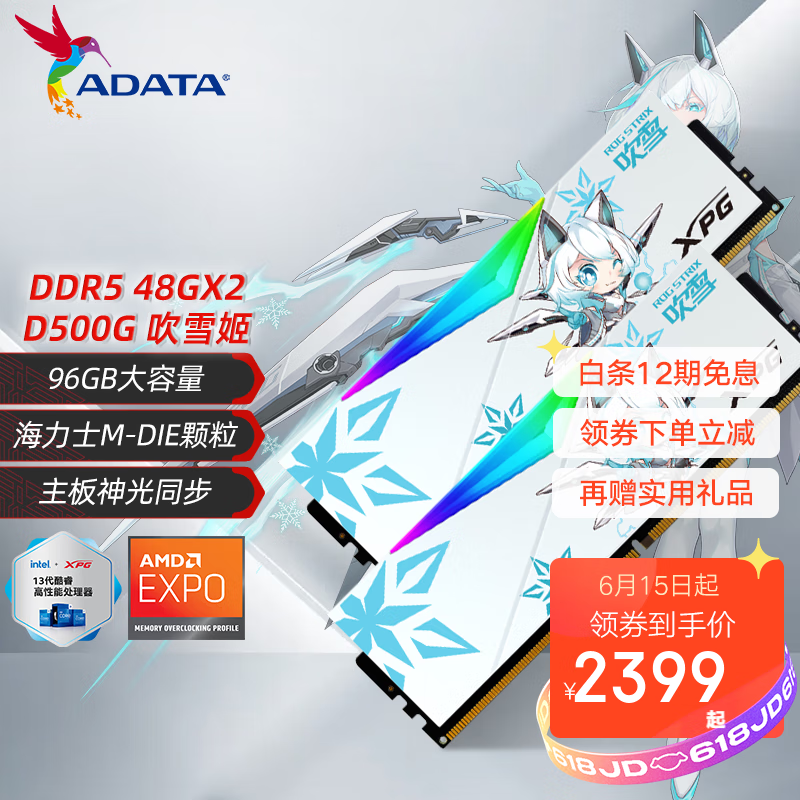 威刚（ADATA）龙耀D500G DDR5内存条16/32/64/96G套装RGB灯条台式电脑海力士A-DIE特挑颗粒低时序 XMP3.0 EXPO D500G 吹雪联名 【48G*2套条】 96GB