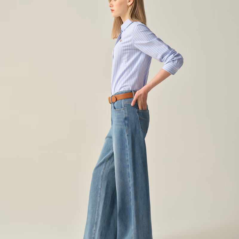 ELAND衣恋衬衫女翻领条纹通勤上衣2025秋季新款 浅蓝色(51)L/Blue S /160