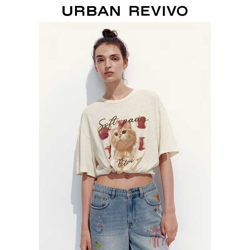 UR2026春季新款女装休闲日常趣味萌宠字母印花T恤UYL450239 粉白 S