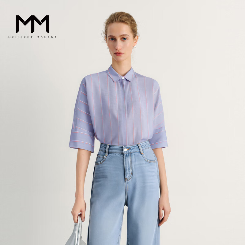 麦檬MM自在起居条纹蓝衬衫不费力穿搭商场同款夏装5E6824591 浅蓝 S