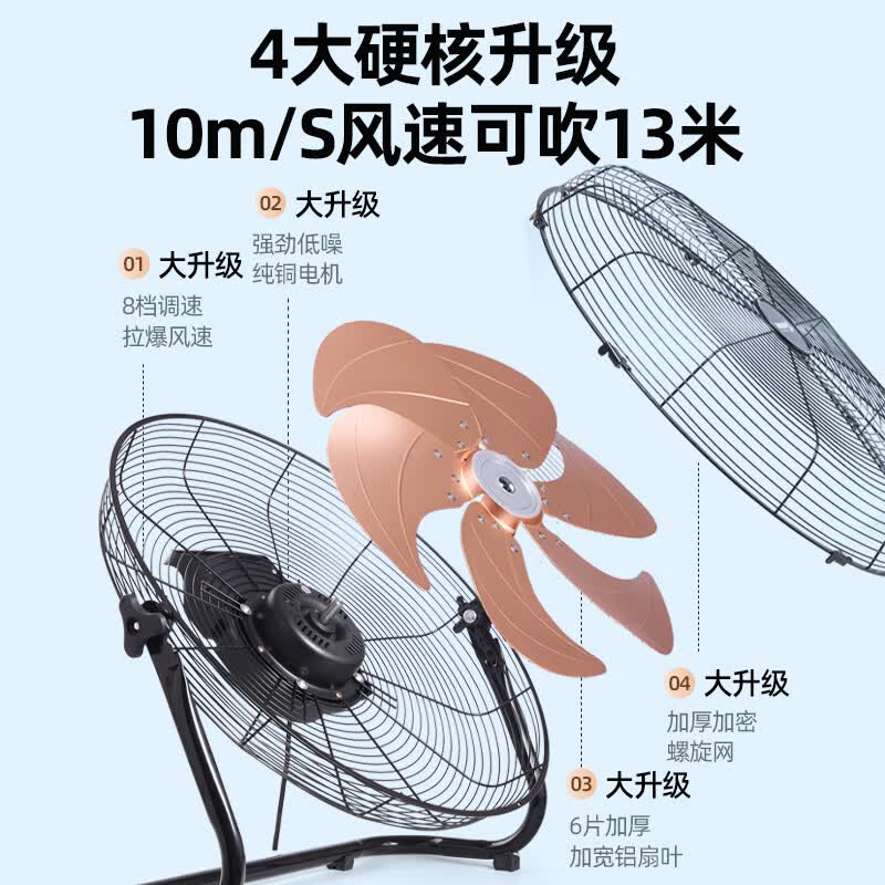风轻杨超高速工业风扇趴地风扇大功率升级8档6叶高转速纯铜电机加粗铜线大型工厂仓库排档户外商用风扇 20寸8档6叶(铜线电机*双滚珠轴承*加粗3米线)