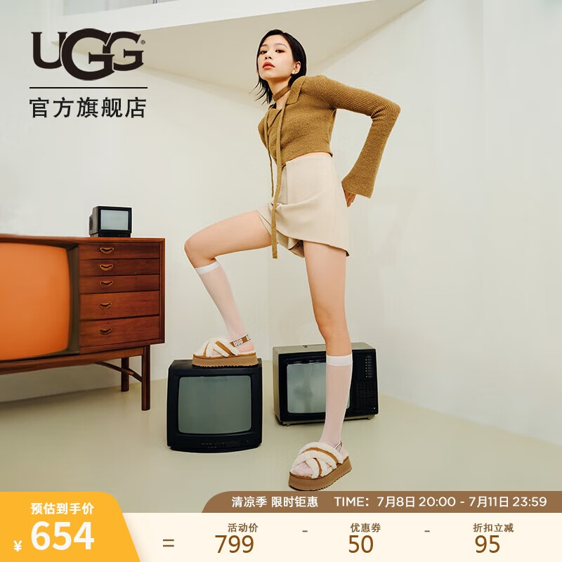 UGG春季女士交叉鞋面厚底彈力束帶毛毛涼鞋 1121550 CHE|栗色 40