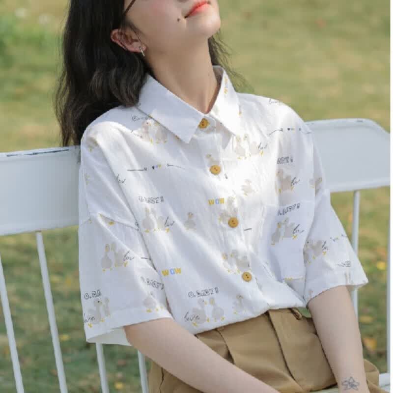 潮梦城短袖衬衫女法式别致独特印花短袖衬衫女夏季2025新款高级感白色衬 白色 碎花鸭子 S