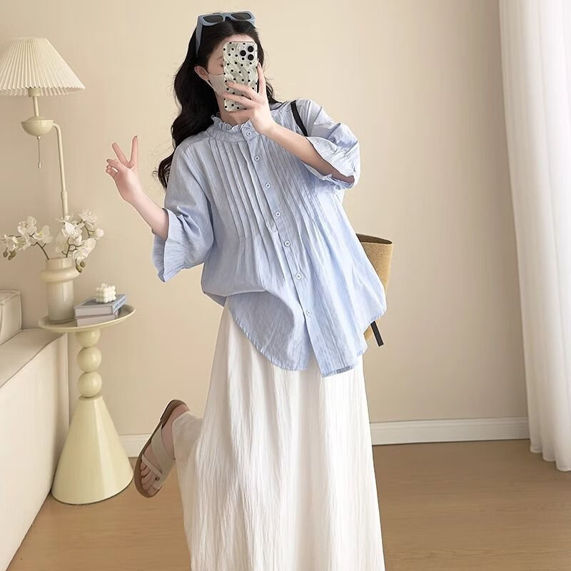 爱菲莹孕妇装夏装套装衬衫娃娃衫2025新款夏季短袖上衣半身裙两件套遮肚 浅蓝色上衣 M（建议115以下）