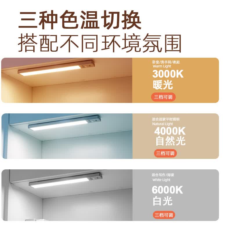 智特 智能人体感应灯家用led衣柜灯无线免线充电厨房橱柜酒柜小夜灯 升级款40厘米【感应+时间+三色】
