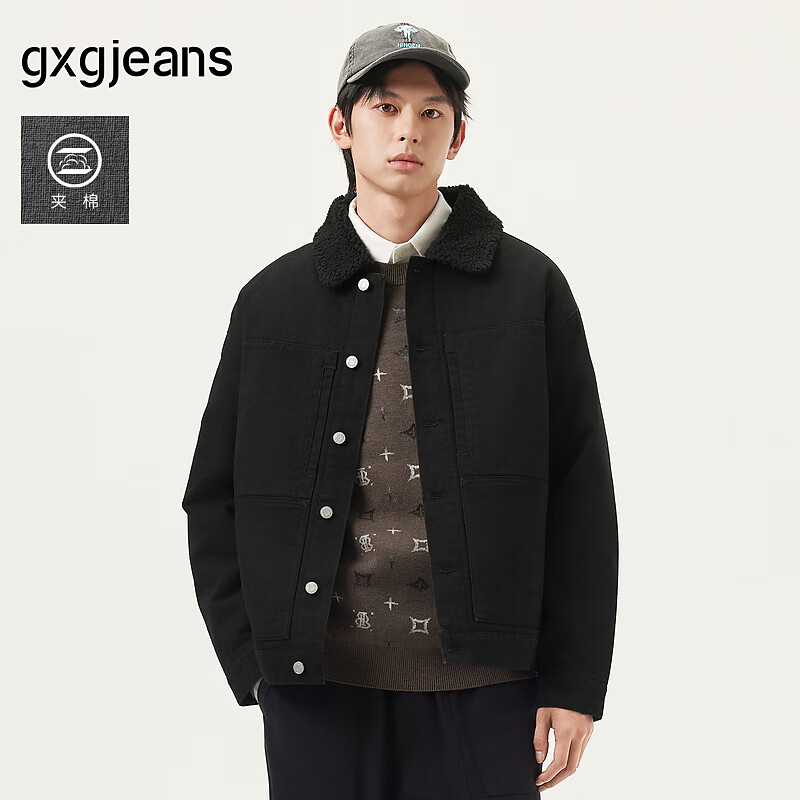 gxgjeans男装 黑色夹棉巴恩风领口拼接宽松夹克外套男 25年春季 黑色 L (175)