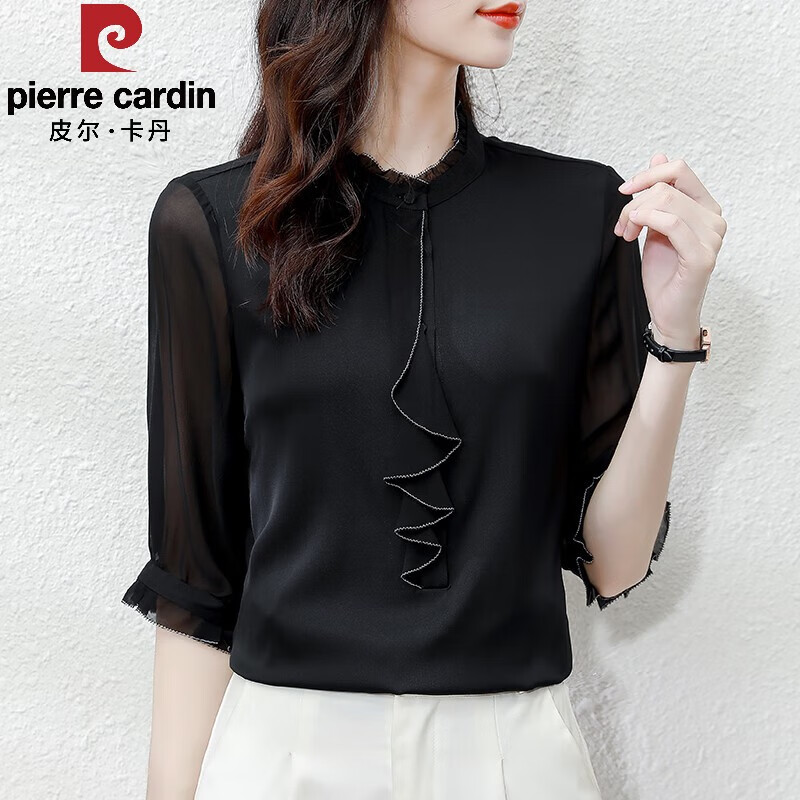 皮爾卡丹（pierre cardin）立領(lǐng)雪紡衫女短袖時(shí)尚洋氣小衫中袖襯衫夏季新款上衣氣質(zhì)女士襯衣 黑色中 S