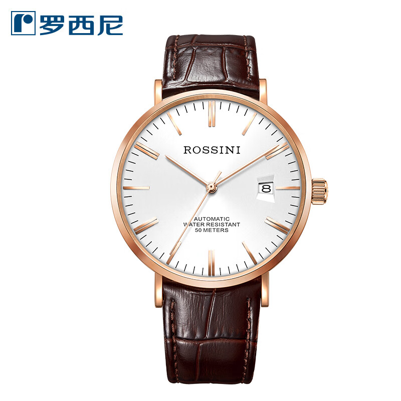 羅西尼（ROSSINI）熱款手表男機(jī)械男表潮流簡(jiǎn)約男表皮帶防水男士腕表518827 男白棕皮518827G01F