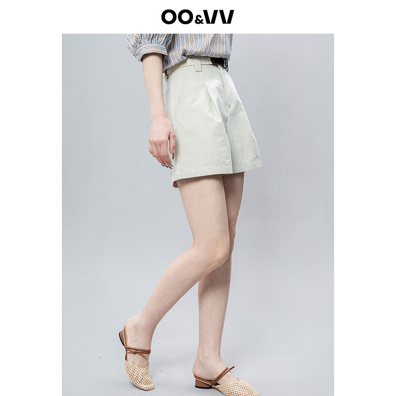 OO&VV纯棉休闲短裤女2025夏新款阔腿宽松配腰带薄款显高显瘦女裤 杏仁米 S