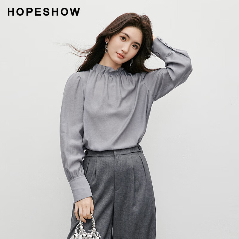 紅袖（hopeshow）復古氣質雪紡衫2025春季新款色正肩花苞領上衣 灰064 S