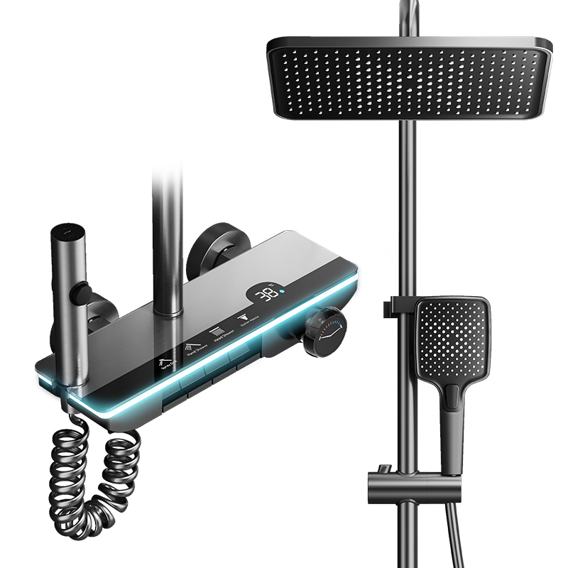JOMOW恒温花洒淋浴套装智能数显全套增压氛围灯精铜自洁除垢花洒 501枪灰冷热【氛围灯/智能数显】