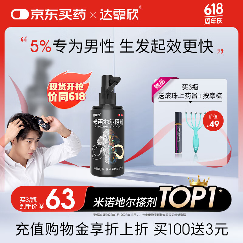 达霏欣 米诺地尔酊搽剂5%浓度30ml/瓶【男士轻度脱发推荐】治脱生发喷雾生发液 男士专用防脱生发育发发际线增长液洗发水脱发斑秃泡沫凝胶