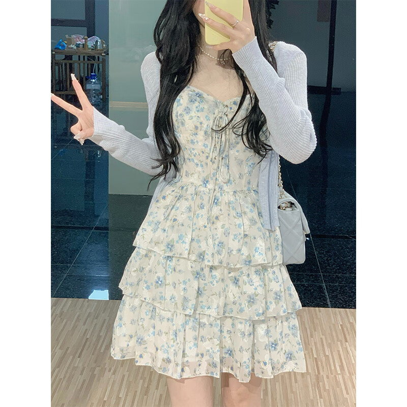 连衣裙短款小个子蓝色碎花吊带连衣裙女夏季2025新款蛋糕裙小个子 S 蓝色碎花裙 均码