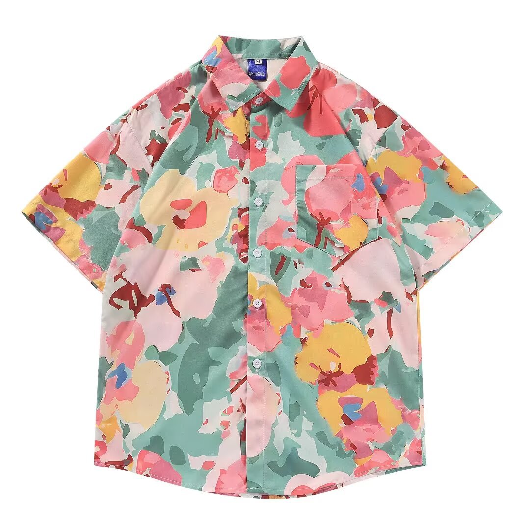 【精选】夏季短袖花衬衫海南岛度假花衬衫男情侣花设计感油画满印 图色 2XL