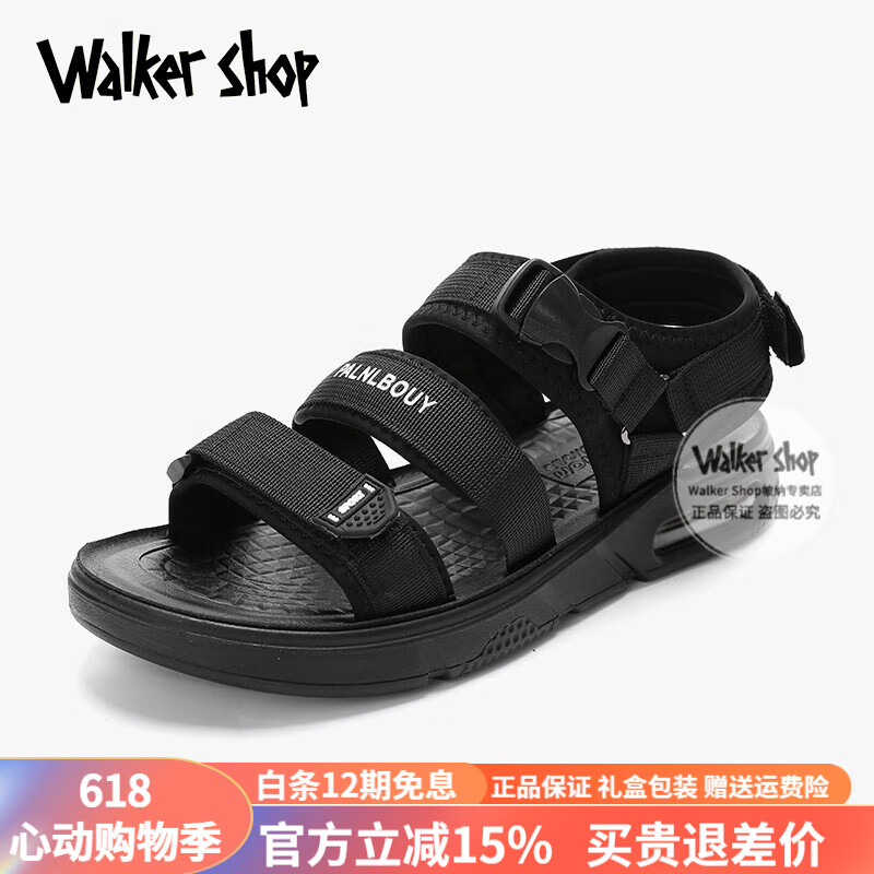 Walker Shop凉鞋男士新款夏季简约休闲运动开车外穿沙滩鞋男士气垫鞋凉拖鞋 黑色B款 41
