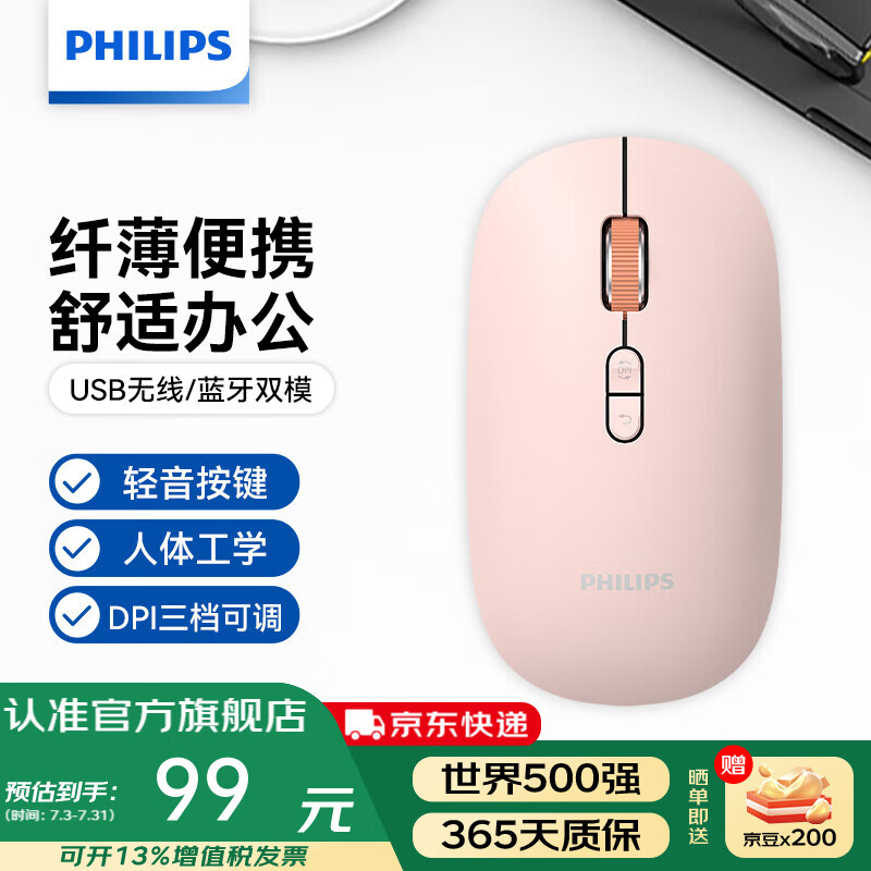 飞利浦（PHILIPS）无线蓝牙鼠标 轻音双模办公鼠标 女生鼠标苹果mac电脑笔记本DPI三档可调多设备兼容企业采购 【无线+蓝牙双模】SPK7508P粉