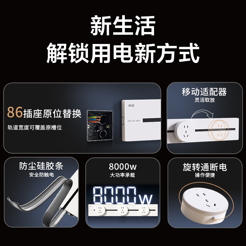 京选京东自有品牌 明装轨道插座壁挂式可移动电力轨道 阻燃塑壳 50厘米+3个五孔 灰色
