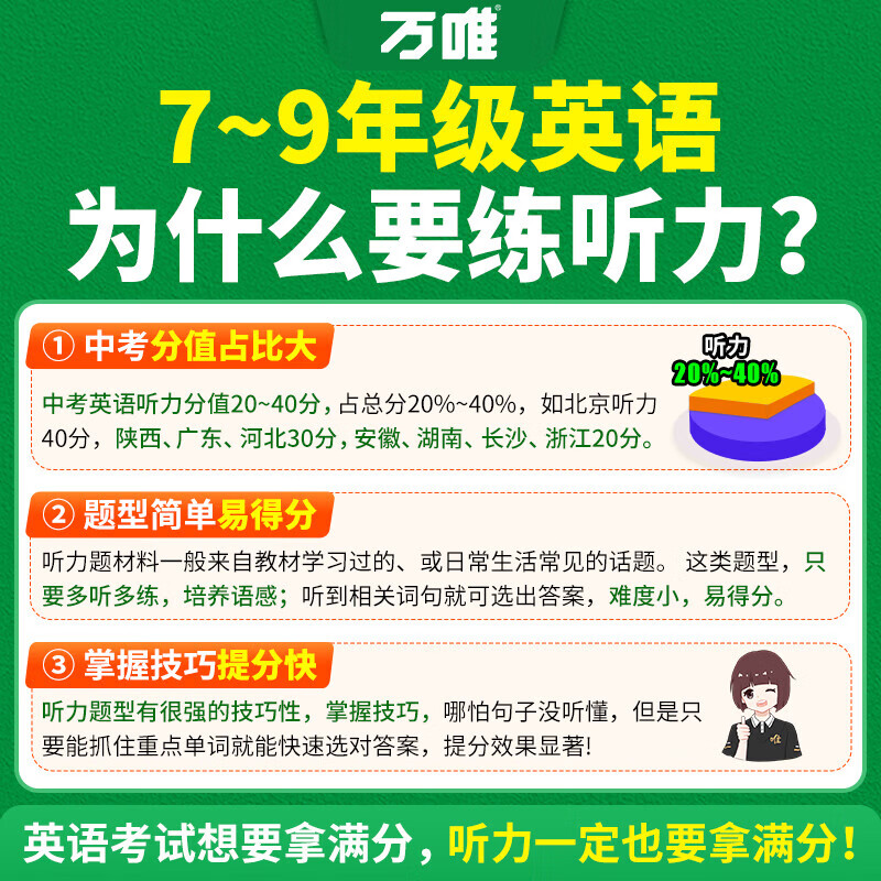 26新】万唯中考初中英语听力专项训练七年级八年级九年级中考英语听力题型特训人教外研版冀教版全国通用万维教育旗舰店 中考