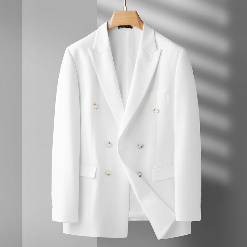 incofan白色西装男士春秋大码双排扣商务休闲抗皱修身西服礼服外套