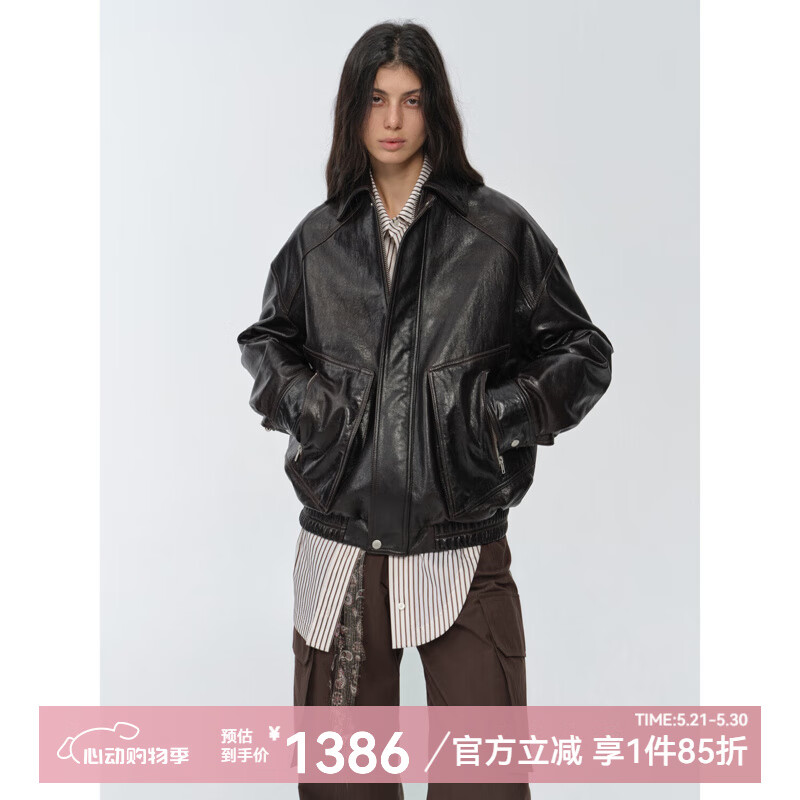 付智恩 紐約留學(xué)生 復(fù)古時(shí)髦進(jìn)口油蠟綿羊皮真皮皮衣飛行夾克外套新款 波爾多黑 M