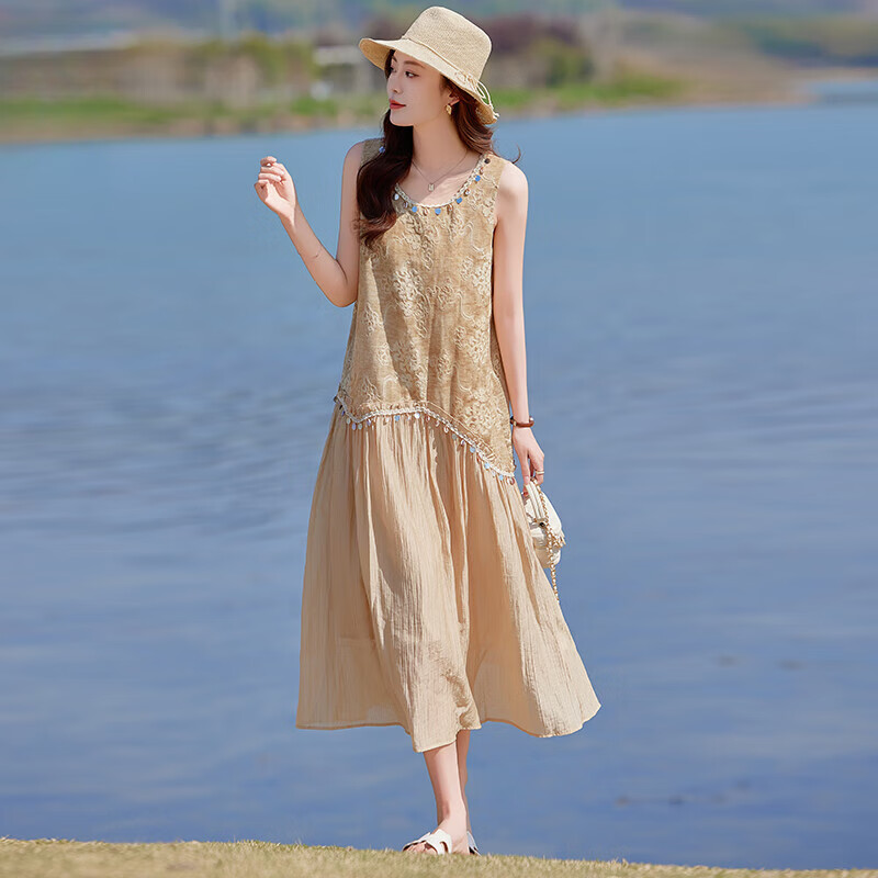 罗蒙（ROMON）高端亚麻棉麻无袖背心连衣裙女夏新款高级感海边度假显瘦雪纺长裙 蓝色 M  （100斤以内）