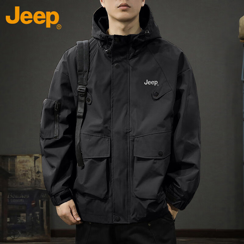 吉普（JEEP）夹克男士外套秋冬季连帽工装宽松冲锋潮流百搭衣服男装 黑色 2XL