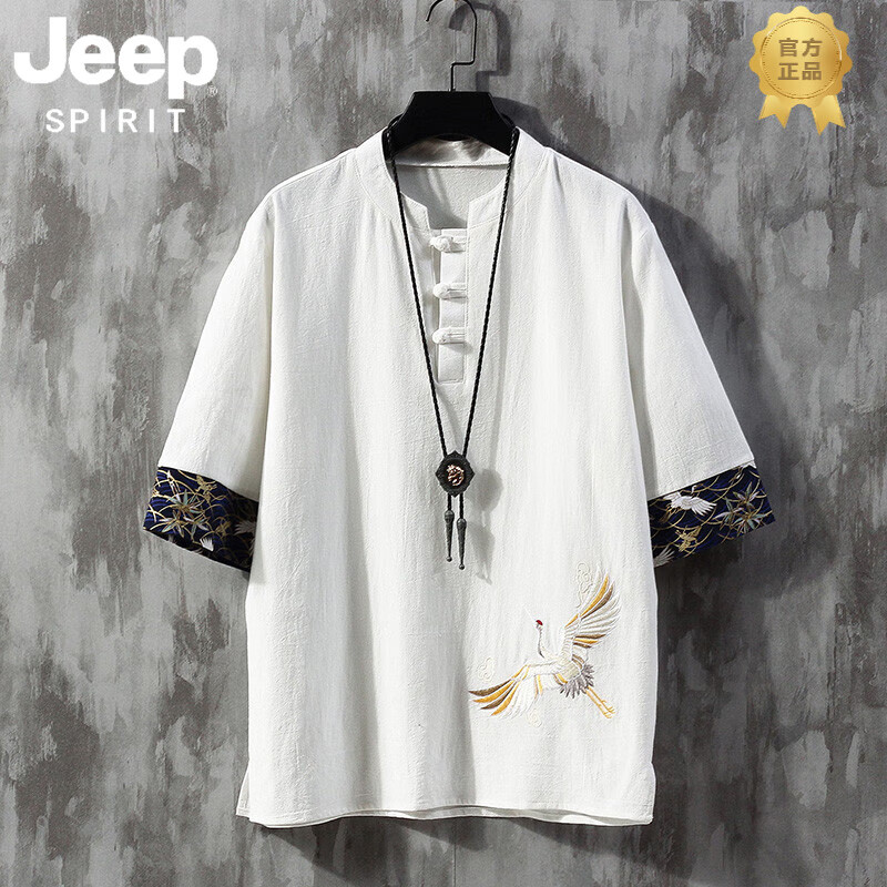 JEEP SPIRIT吉普男士亞麻短袖t恤刺繡夏季薄款寬松大碼唐裝衣服中國(guó)風(fēng)裝棉麻 白色 仙鶴刺繡 3XL 170-190斤