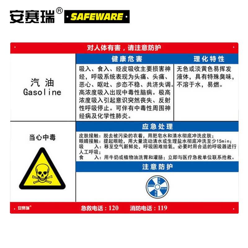 安赛瑞 职业病危害告知卡(汽油)600×450mm 塑料板安全告知牌 14587